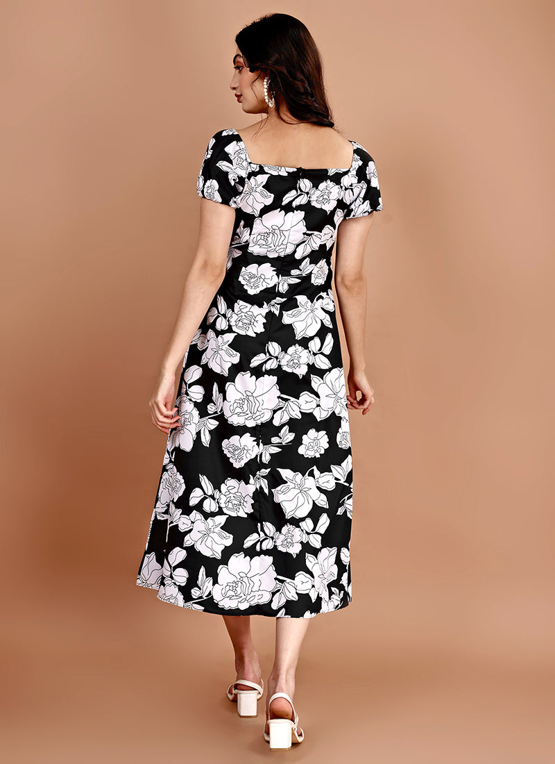 Black Floral Printed Crepe Midi Dress