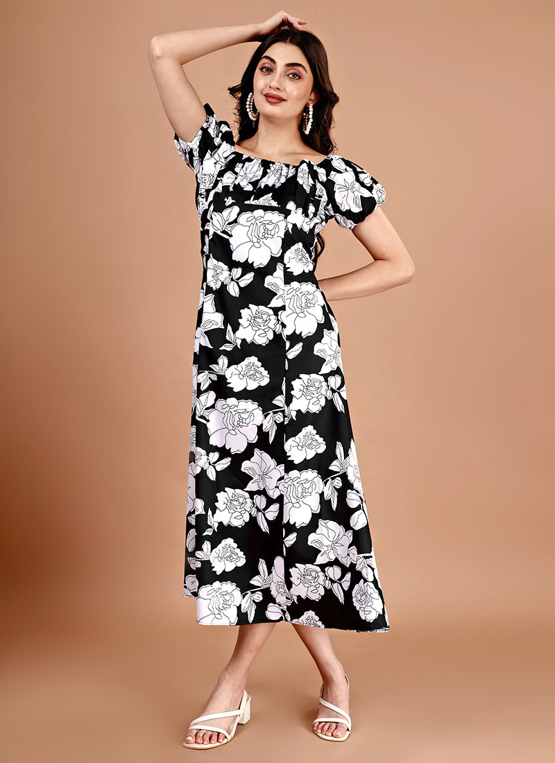 Black Floral Printed Crepe Midi Dress