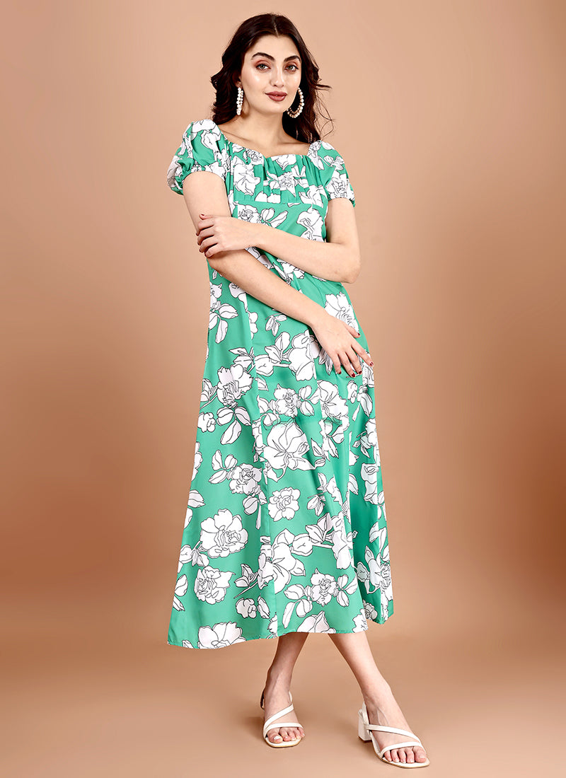 Green Floral Printed Crepe Midi Dress