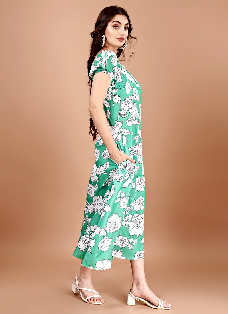 Green Floral Printed Crepe Midi Dress