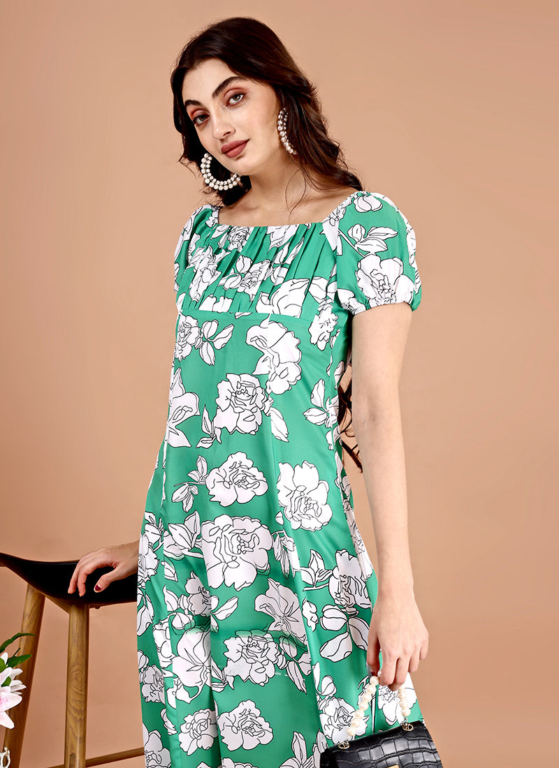 Green Floral Printed Crepe Midi Dress