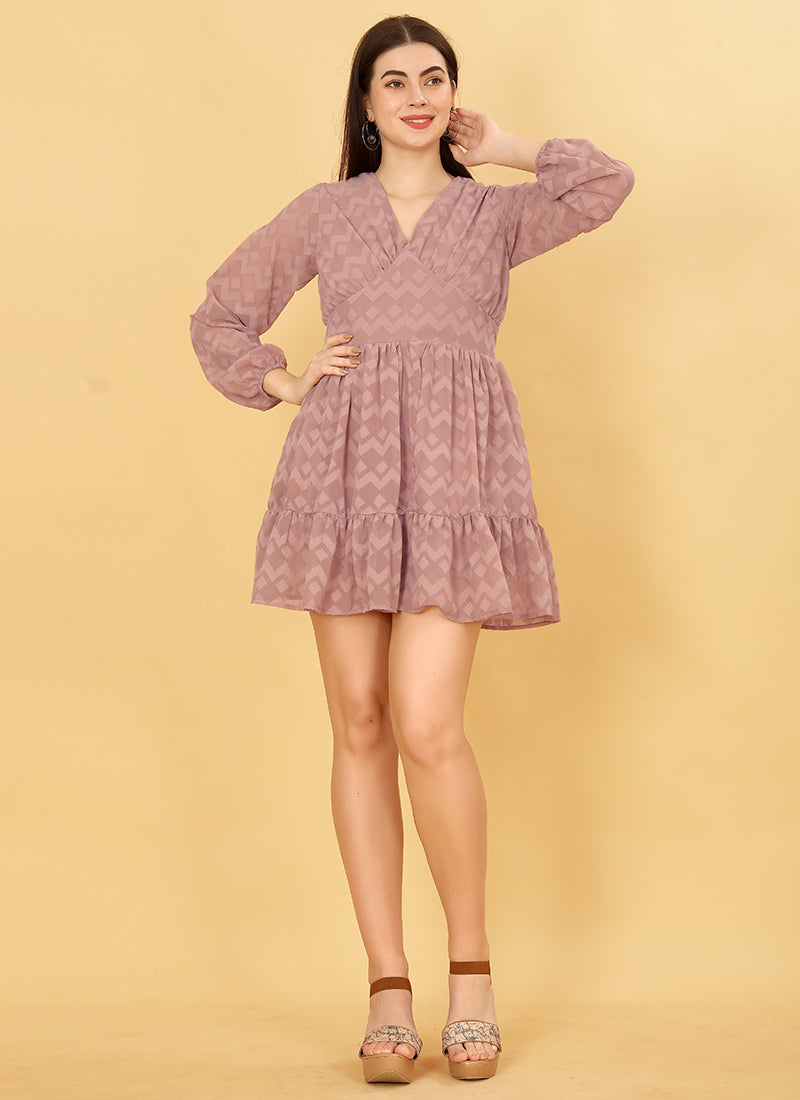 Rose Pink Georgette Toral Butti Party Wear Mini Dress