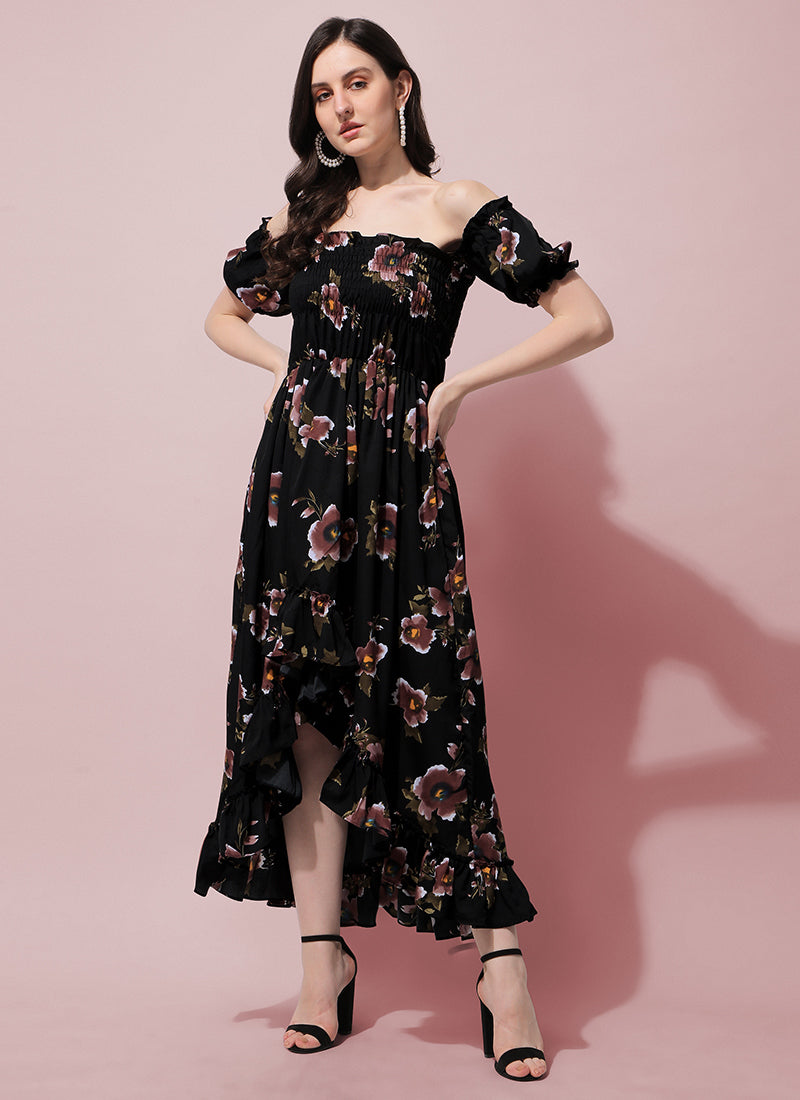 Black Floral Printed Smocked Maxi Dress