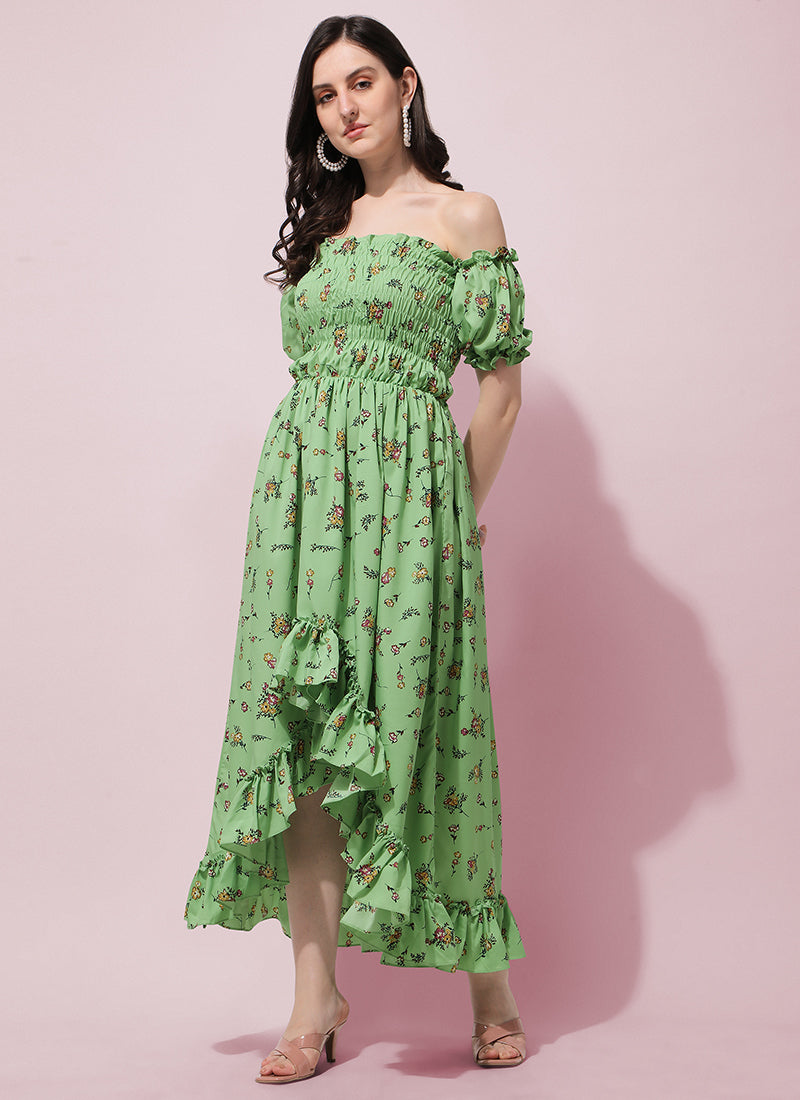 Green Floral Printed Crepe Maxi Dress