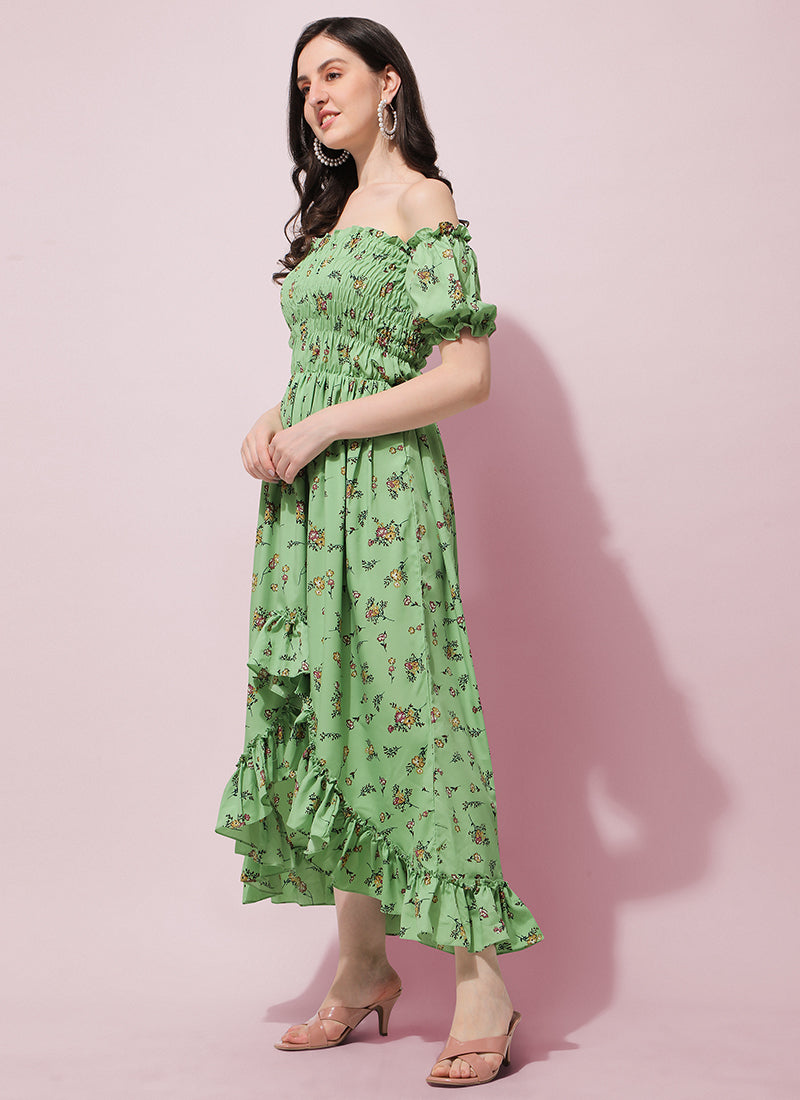 Green Floral Printed Crepe Maxi Dress