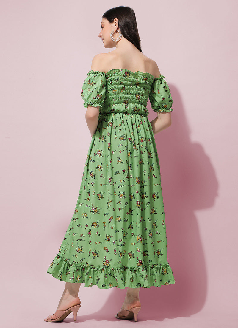 Green Floral Printed Crepe Maxi Dress