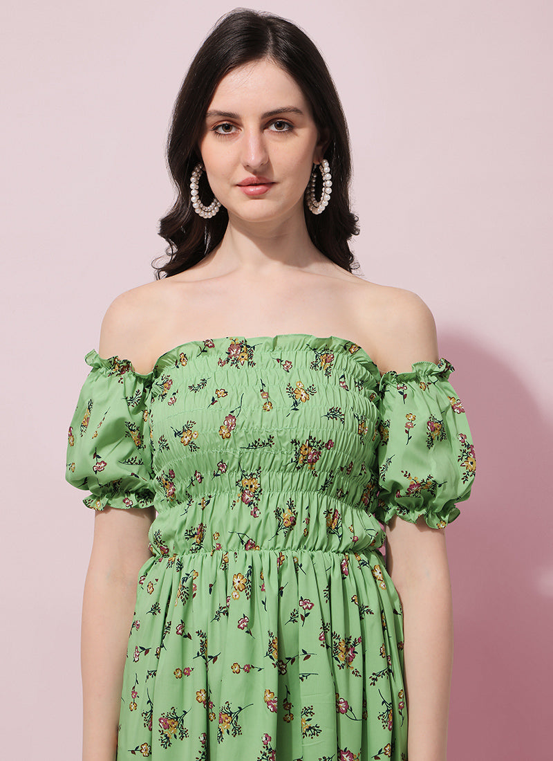 Green Floral Printed Crepe Maxi Dress