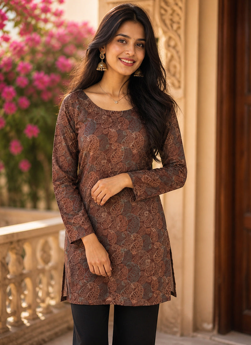 Brown Rayon Printed Office Wear Kurti