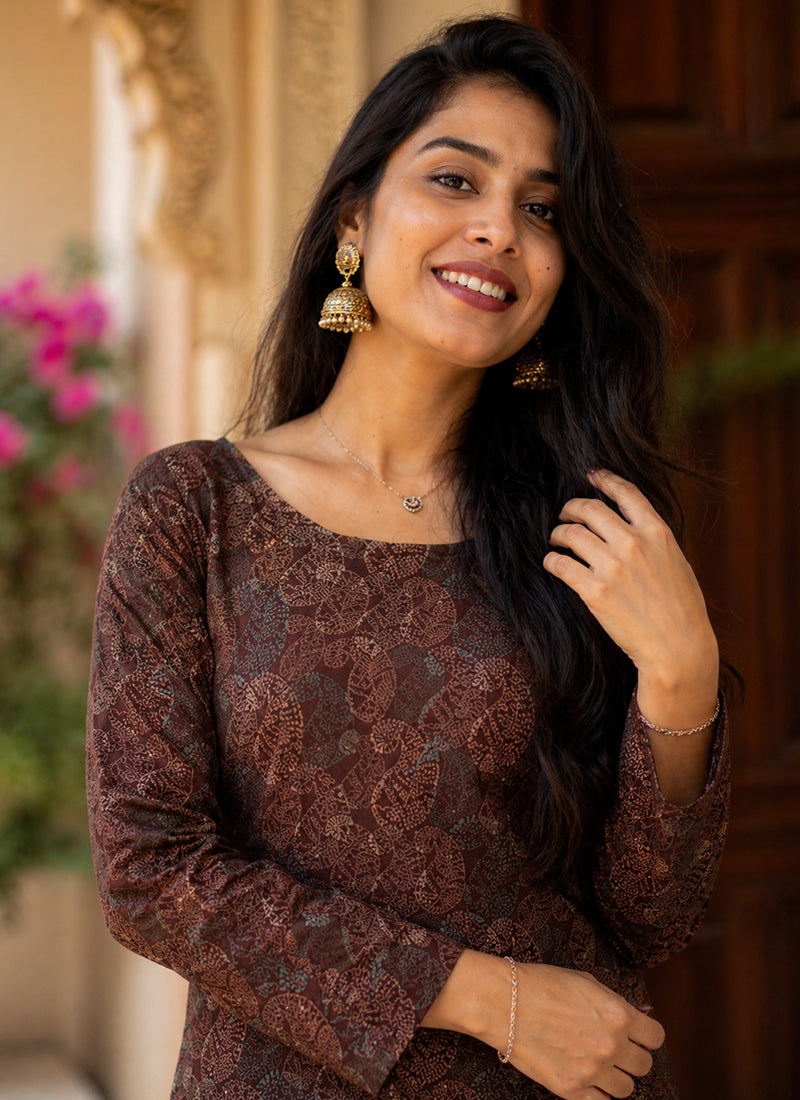 Brown Rayon Printed Office Wear Kurti