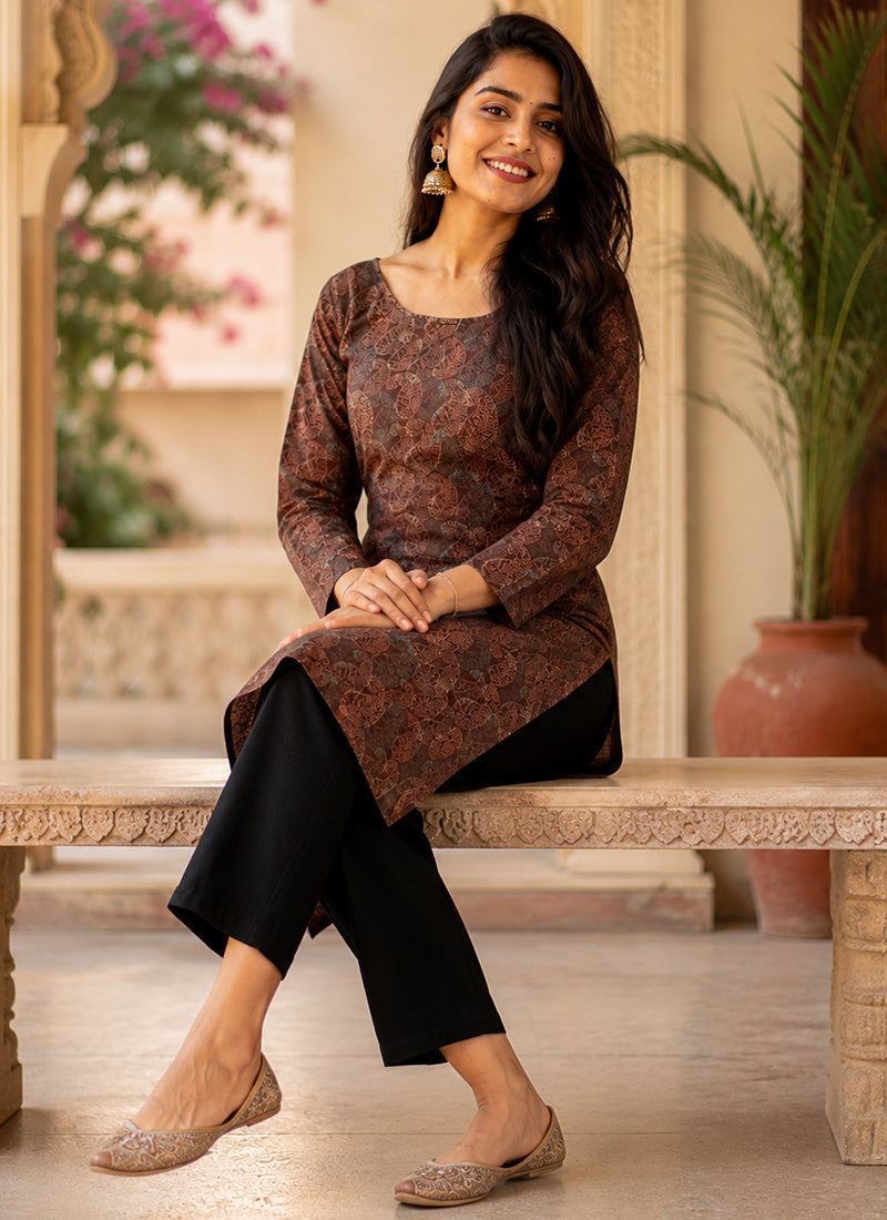Brown Rayon Printed Office Wear Kurti
