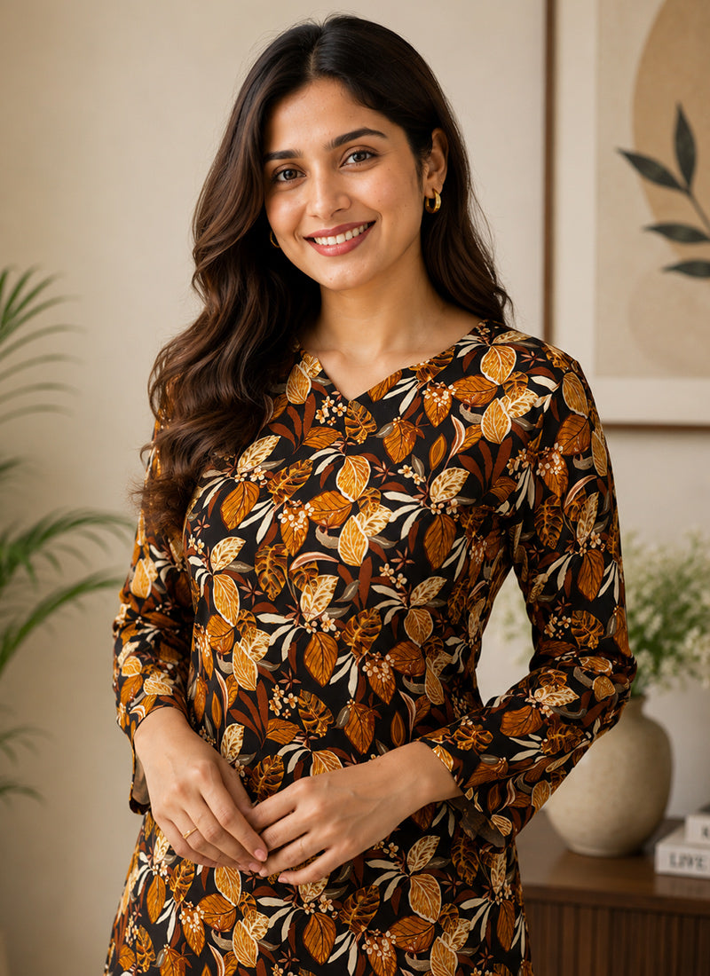 Black Rayon Printed Office Wear Kurti