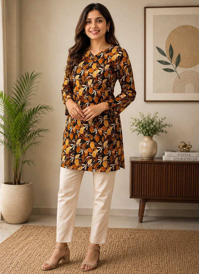 Black Rayon Printed Office Wear Kurti