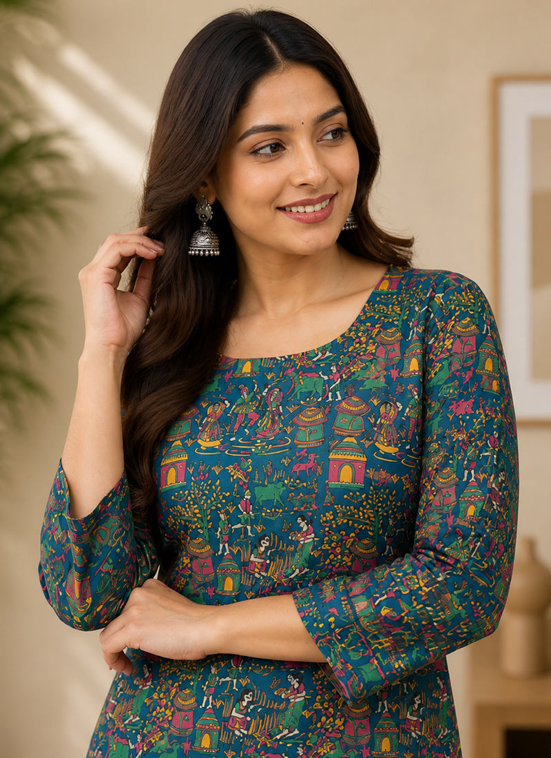 Teal Rayon Printed Outwear Kurti