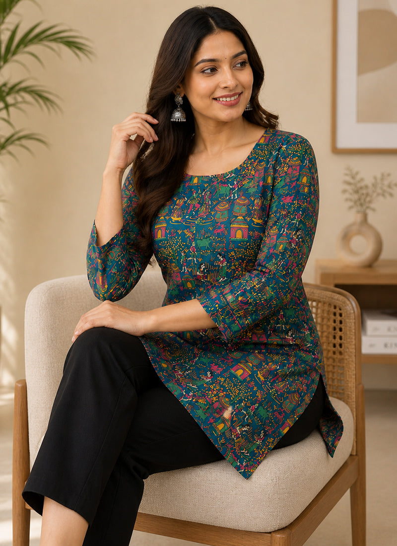 Teal Rayon Printed Outwear Kurti