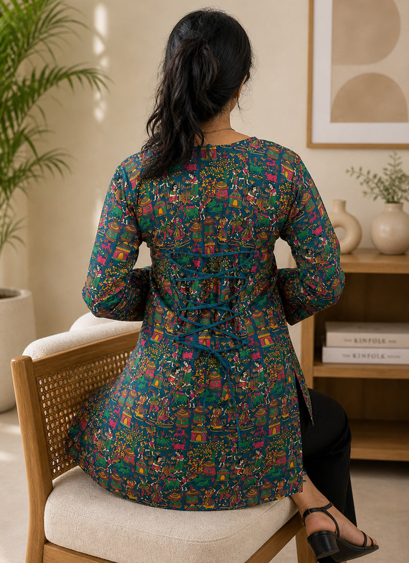 Teal Rayon Printed Outwear Kurti