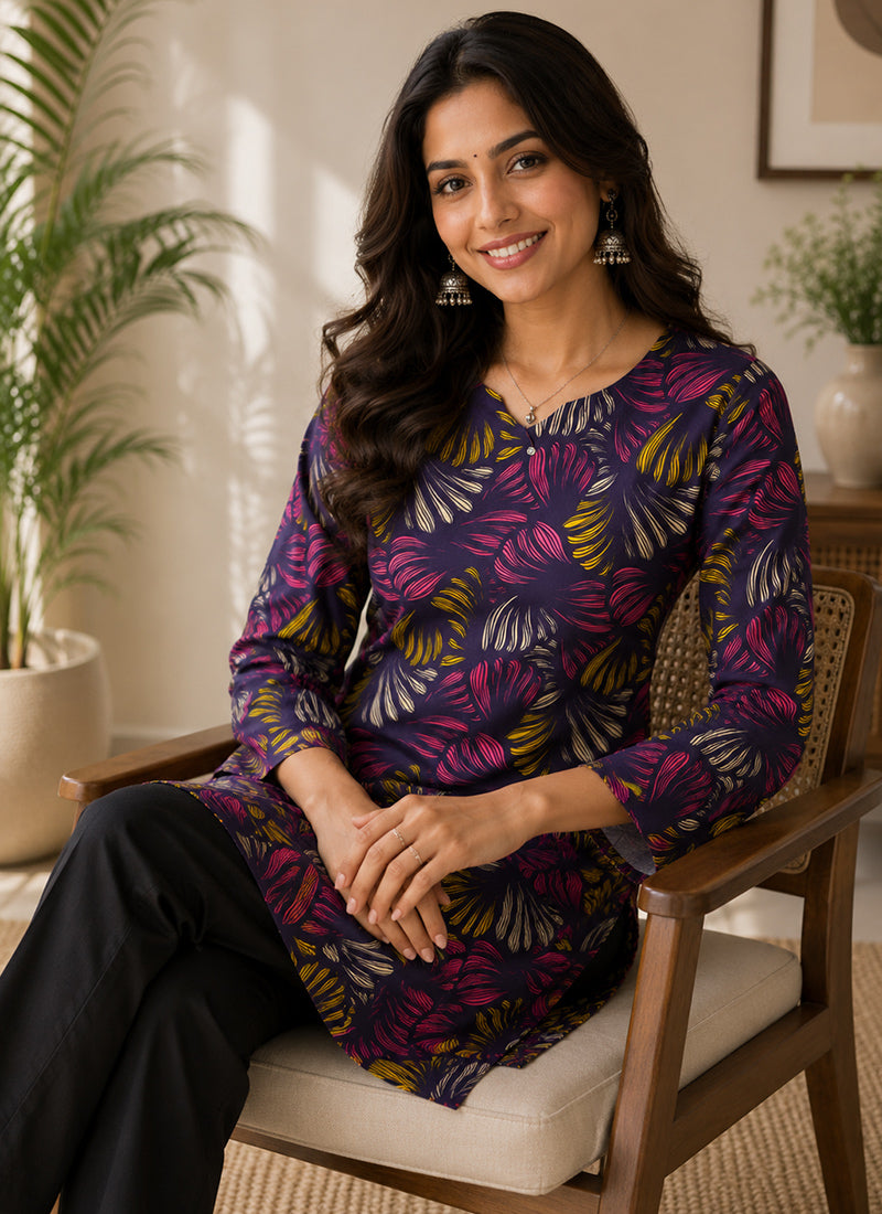 Purple Rayon Printed Office Wear Kurti