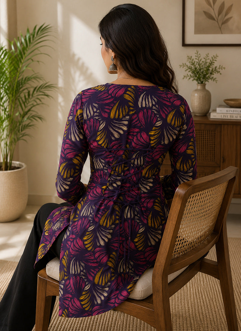 Purple Rayon Printed Office Wear Kurti