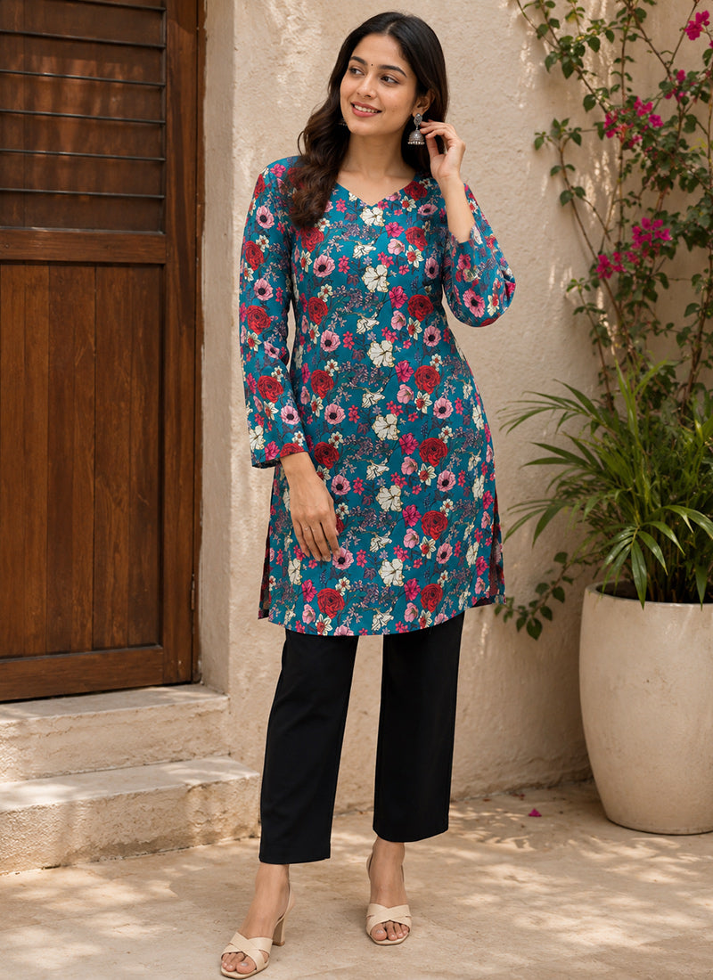 Blue Flower Printed Rayon Outwear Kurti