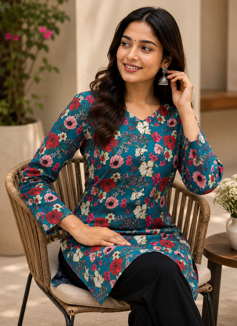 Blue Flower Printed Rayon Outwear Kurti