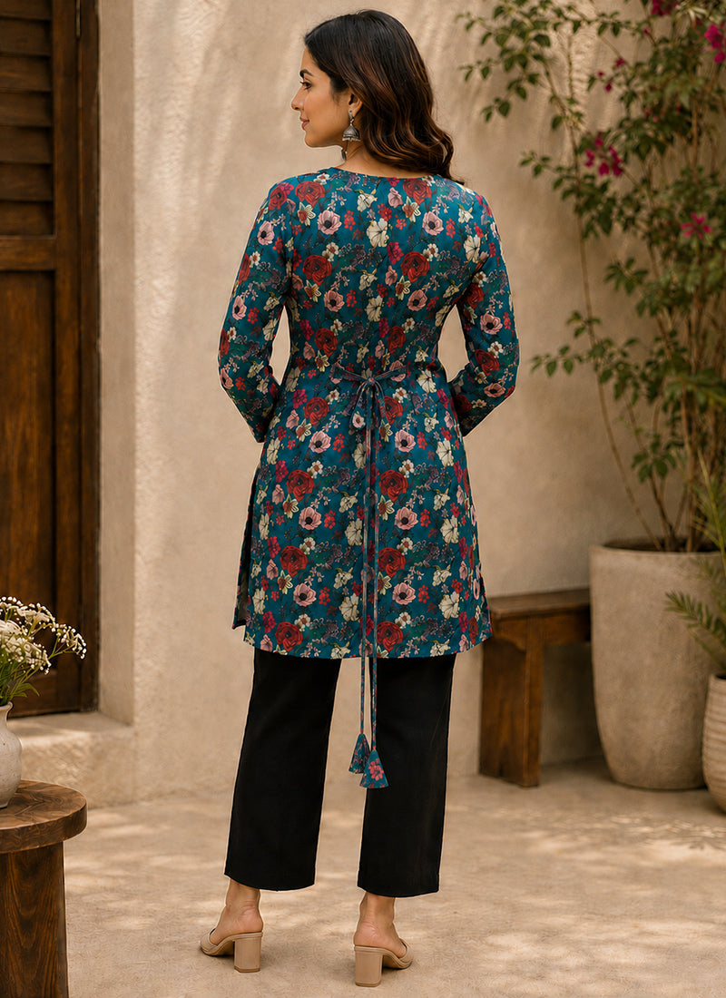 Blue Flower Printed Rayon Outwear Kurti