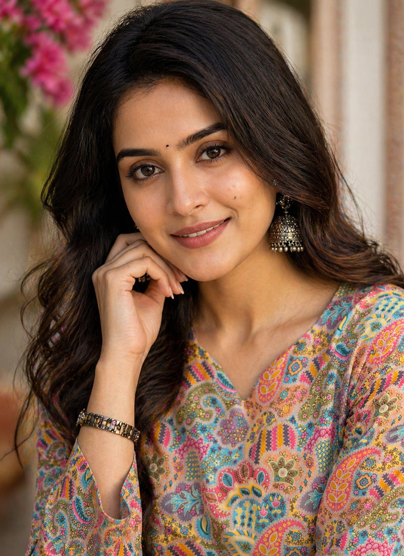 Multicolor Printed Rayon Outwear Kurti
