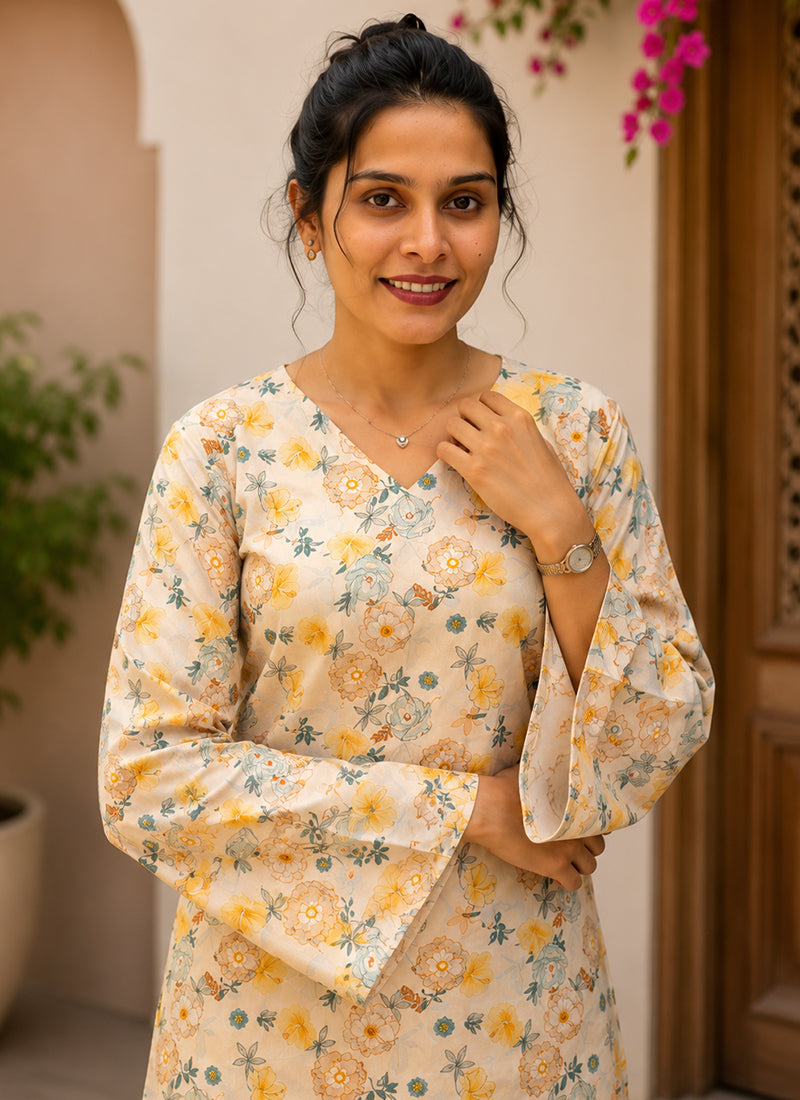 Cream Rayon Printed Casual Kurti