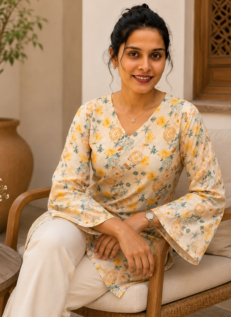 Cream Rayon Printed Casual Kurti