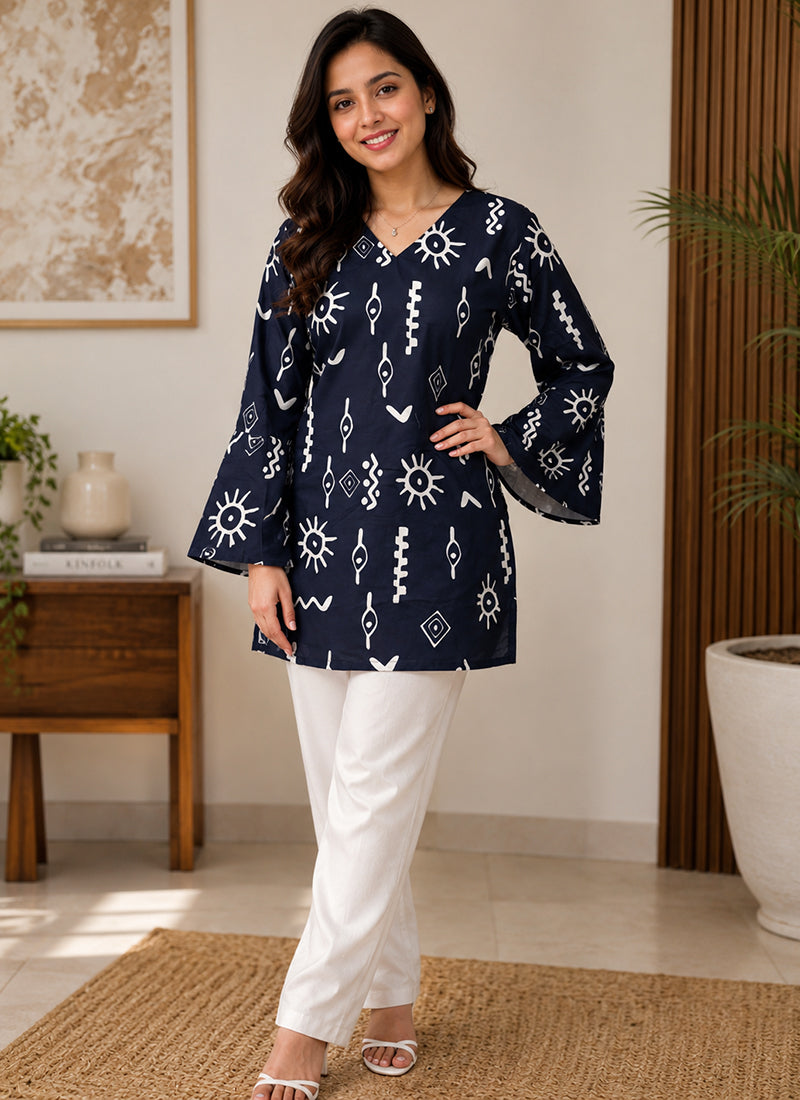 Navy Blue Rayon Printed Outwear Kurti