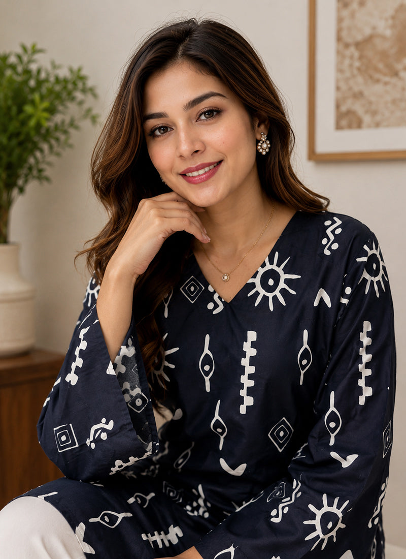 Navy Blue Rayon Printed Outwear Kurti