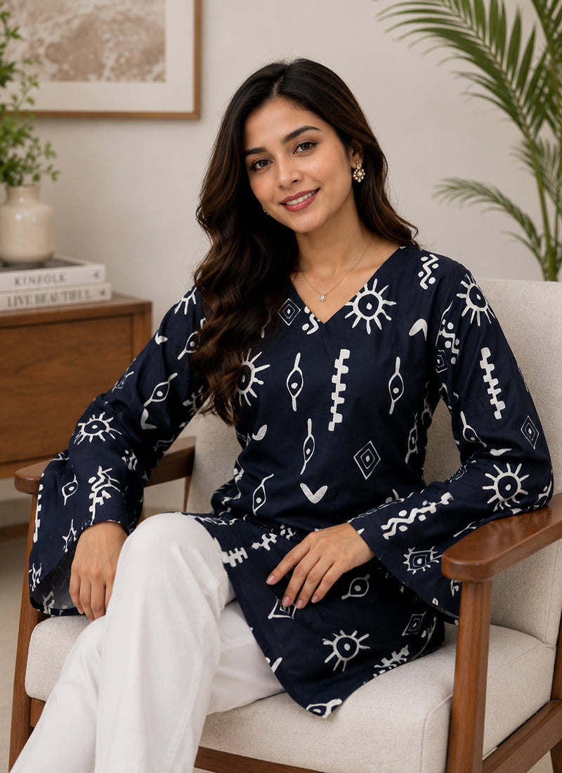 Navy Blue Rayon Printed Outwear Kurti