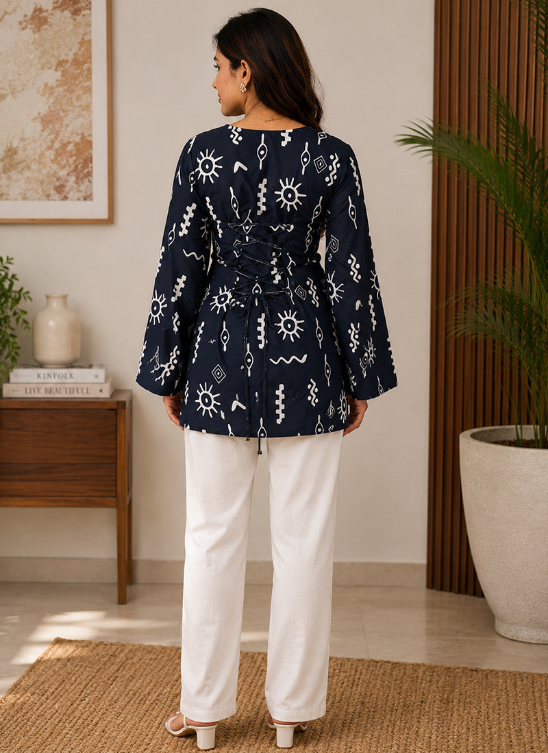 Navy Blue Rayon Printed Outwear Kurti