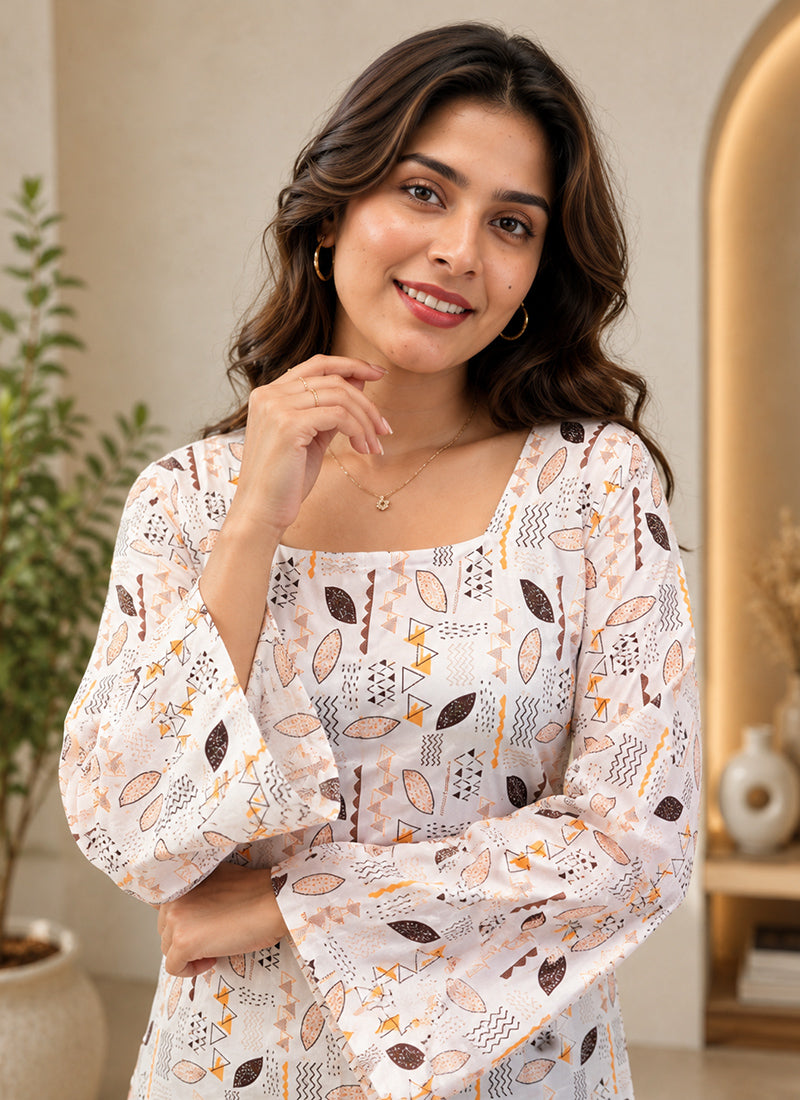 Off White Rayon Printed Office Wear Kurti
