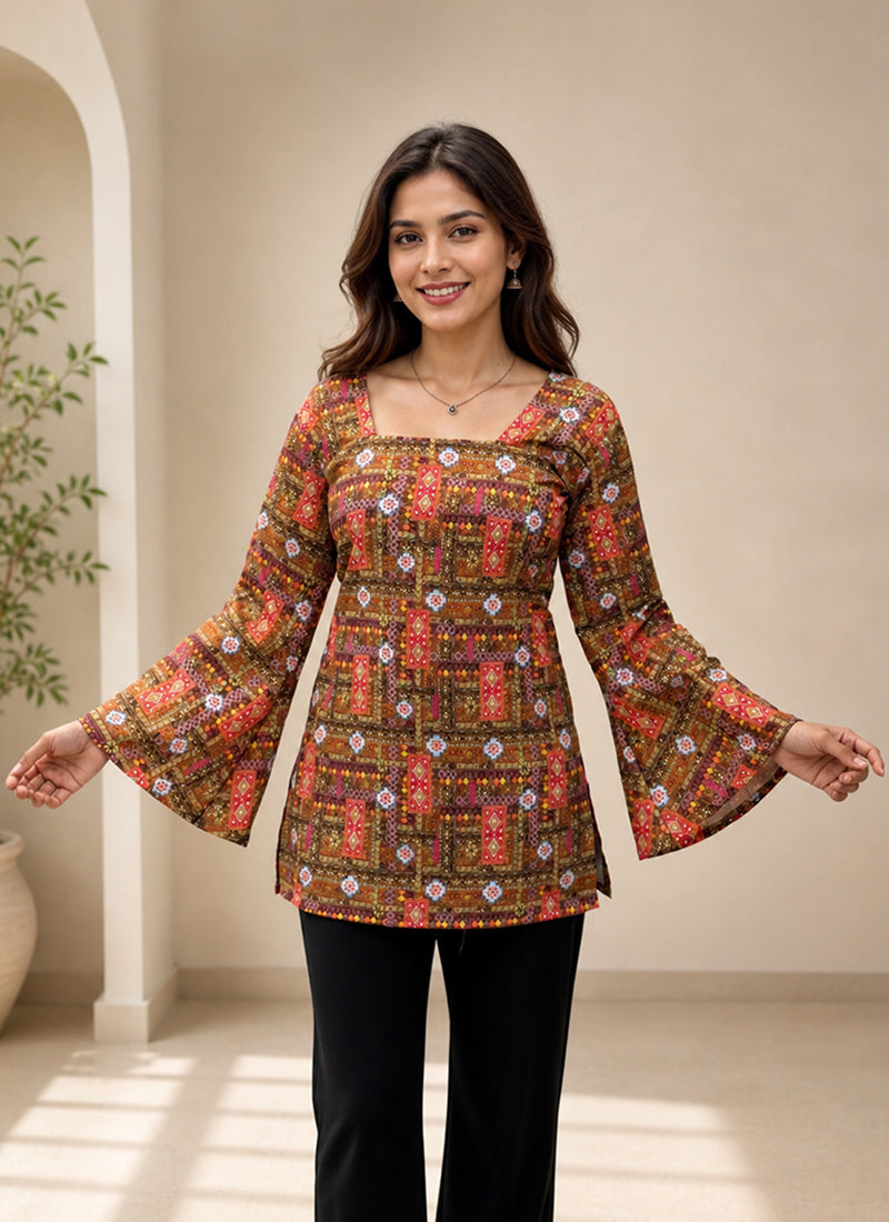 Multicolor Rayon Printed Bell Sleeve Kurti