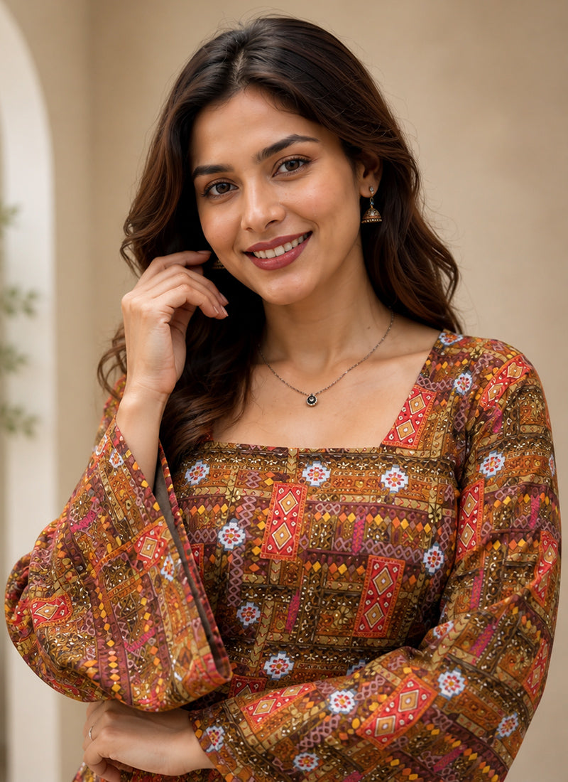 Multicolor Rayon Printed Bell Sleeve Kurti