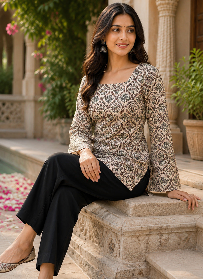 Off White Rayon Printed Square Neck Kurti