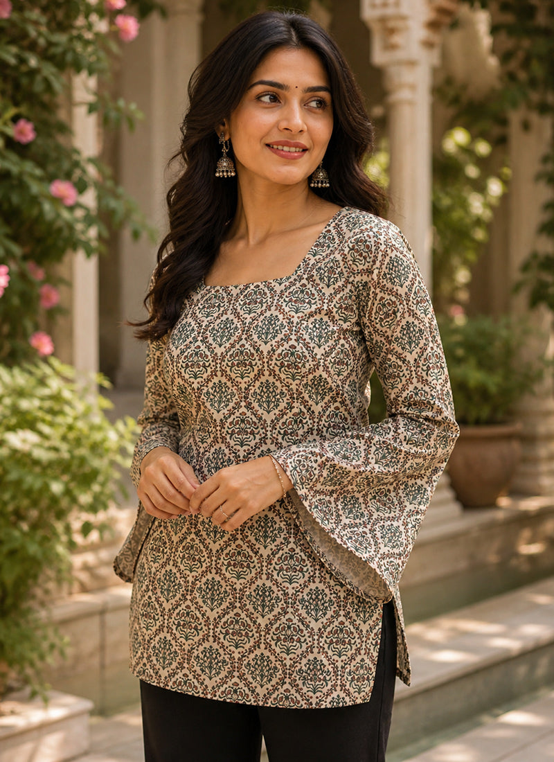 Off White Rayon Printed Square Neck Kurti