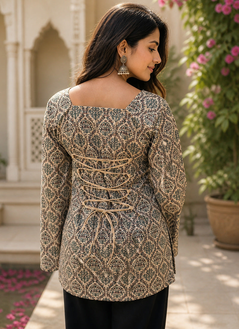 Off White Rayon Printed Square Neck Kurti