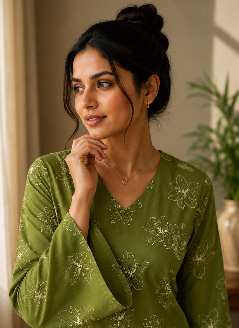 Green Rayon Printed V Neck Casual Kurti