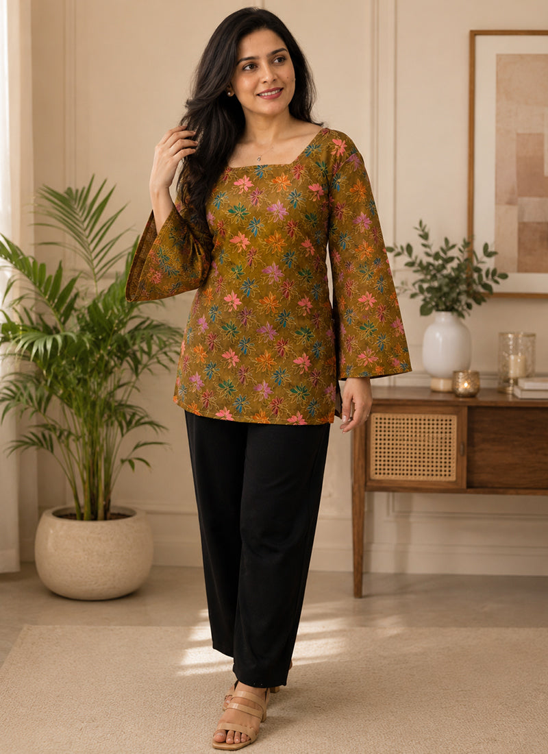 Mustard Rayon Printed Sqaure Neck Kurti