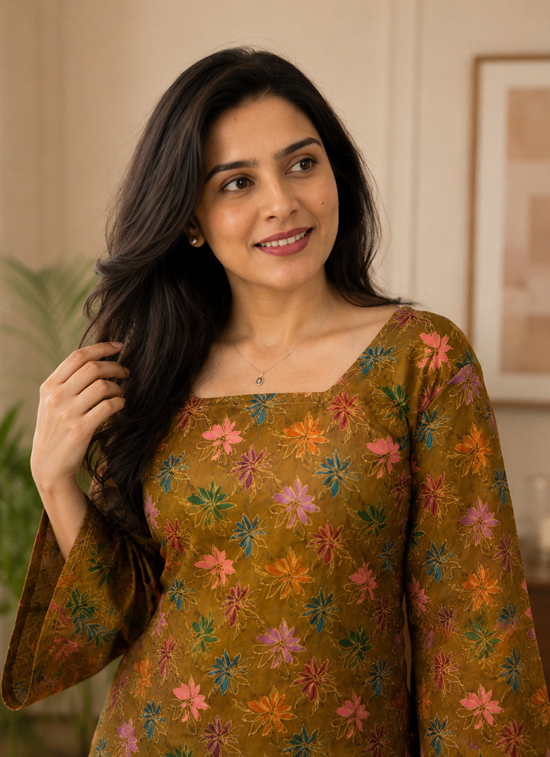 Mustard Rayon Printed Sqaure Neck Kurti