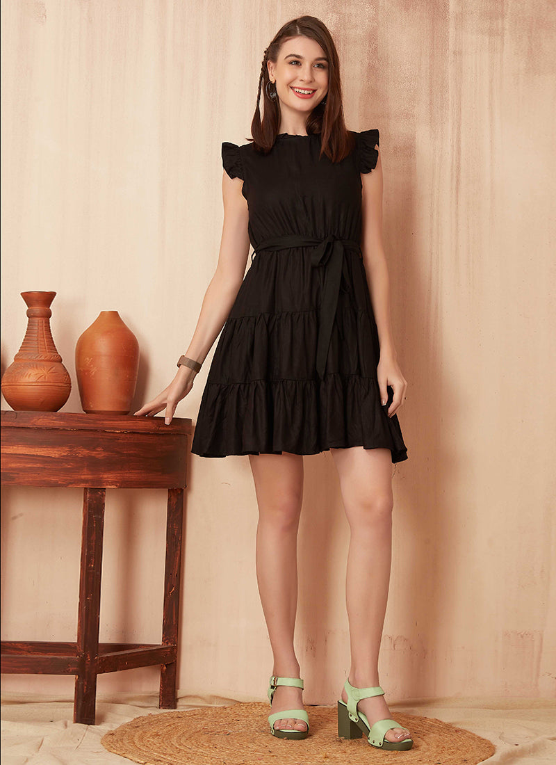 Solid Black Polyester Outwear Mini Dress