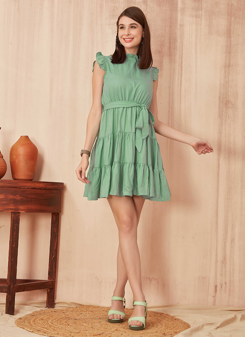 Solid Green Polyester Outwear Mini Dress