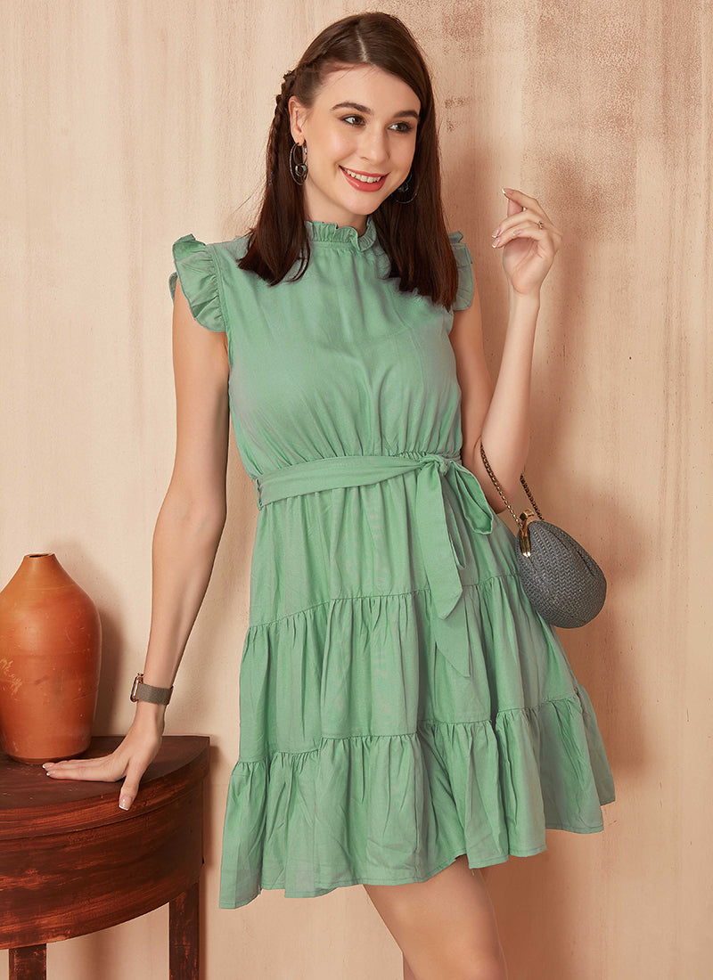 Solid Green Polyester Outwear Mini Dress