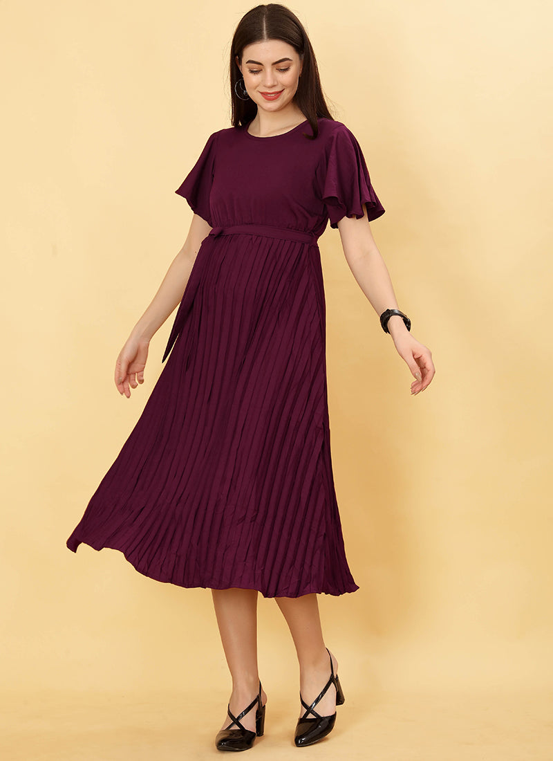 Maroon Pleated Polyester Office Wear Midi Dress