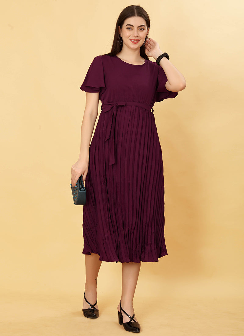 Maroon Pleated Polyester Office Wear Midi Dress