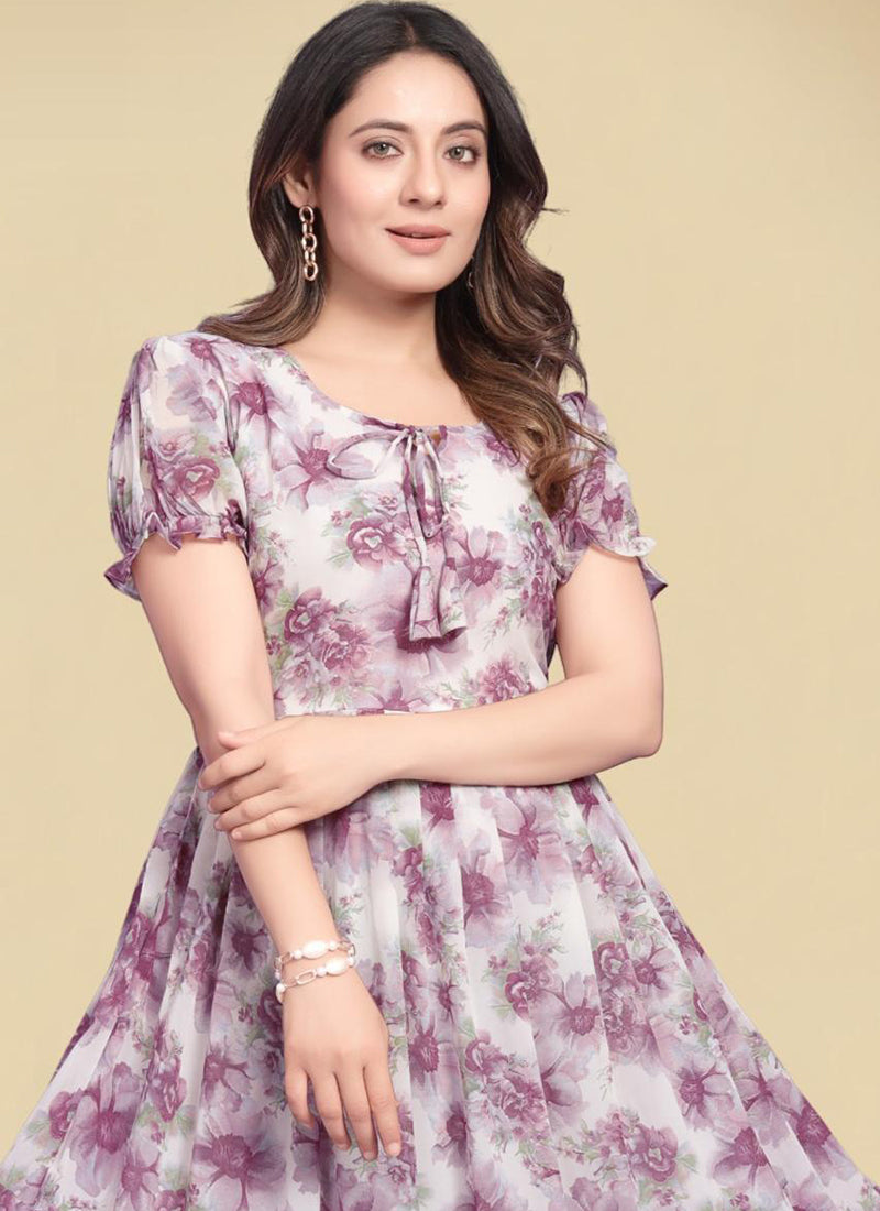 Purple Flower Motifs Georgette Printed Midi Dress