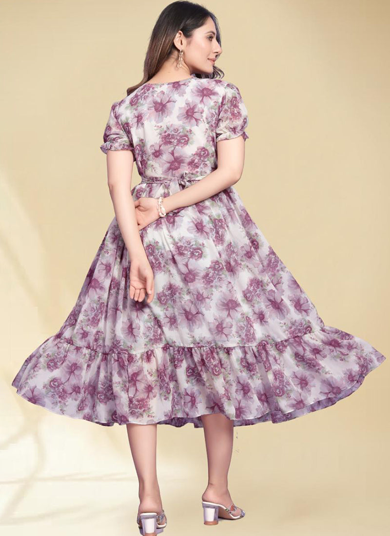 Purple Flower Motifs Georgette Printed Midi Dress