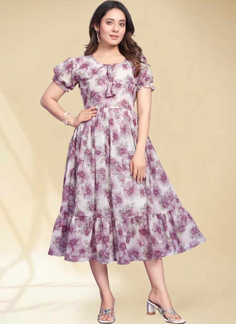 Purple Flower Motifs Georgette Printed Midi Dress