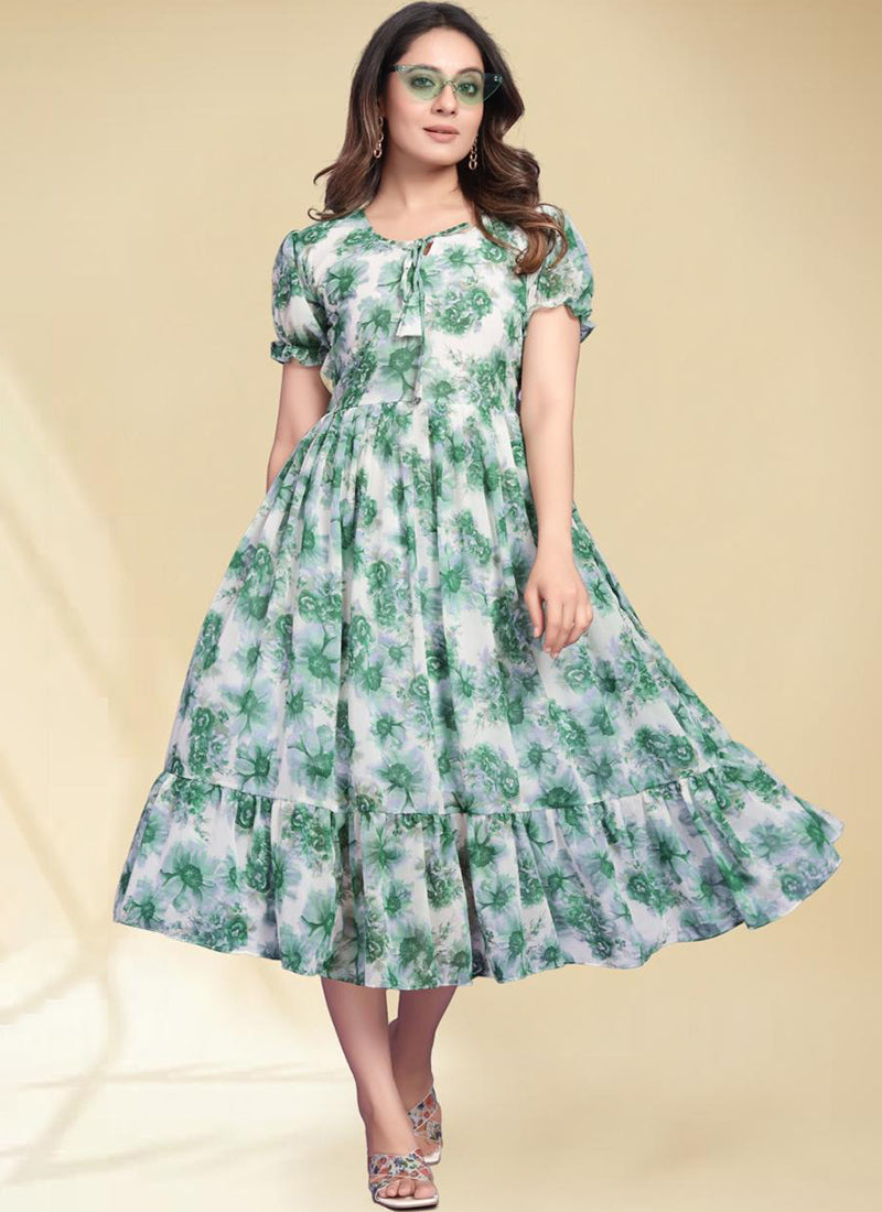 Green Flower Print Georgette Puff Sleeve Midi Dress