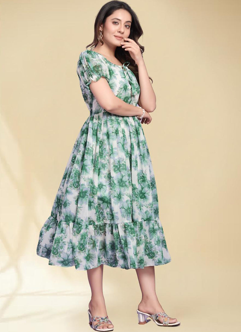 Green Flower Print Georgette Puff Sleeve Midi Dress